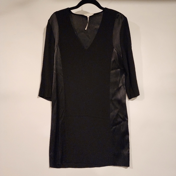 Sandro Paris Black V-Neck Satin Panel Dress 3/4 Sleeve Tunic Shift Dress sz 1 - Picture 3 of 9